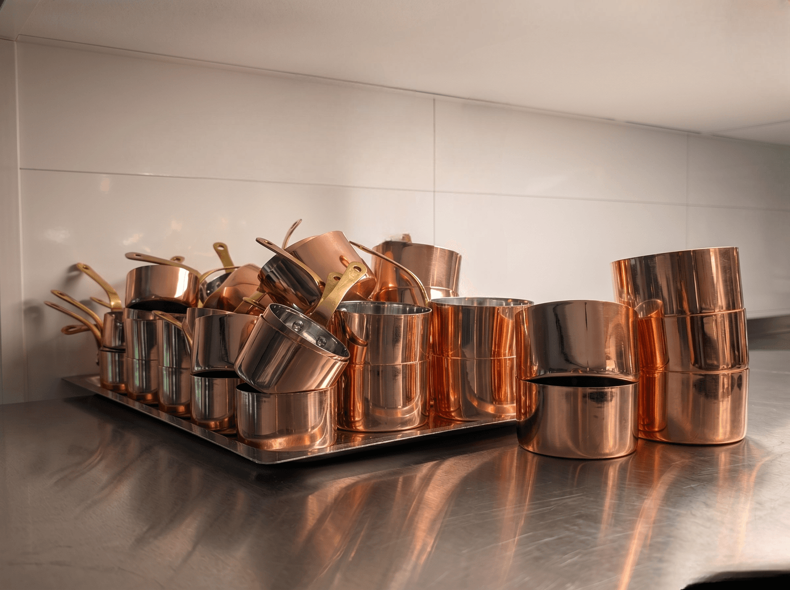 Copper pots in a warm family kitchen