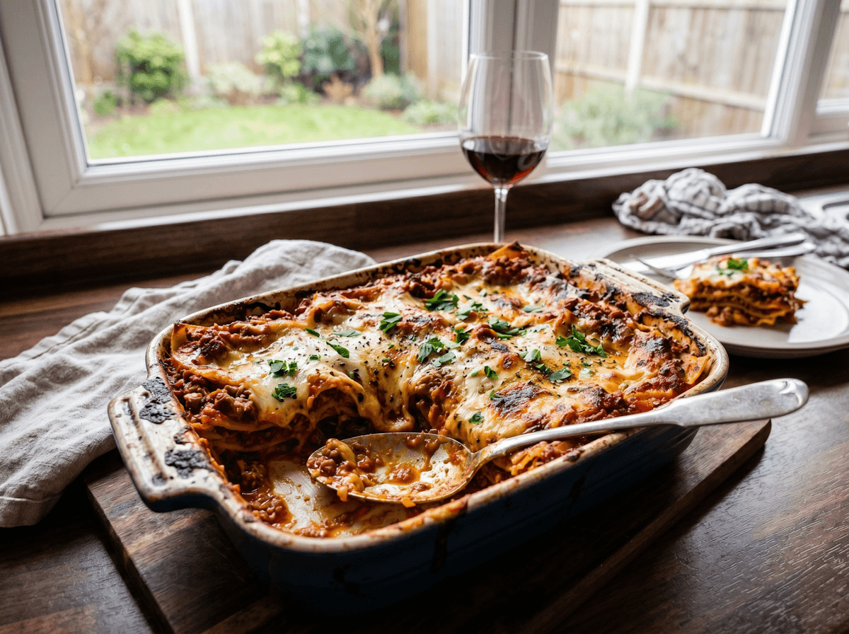 Homemade lasagna fresh from the oven